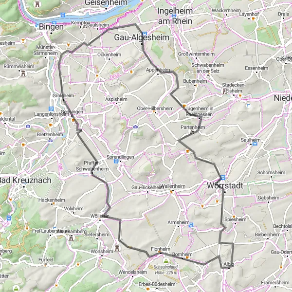 Map miniature of "Rheinhessen Road Cycling Escape" cycling inspiration in Rheinhessen-Pfalz, Germany. Generated by Tarmacs.app cycling route planner