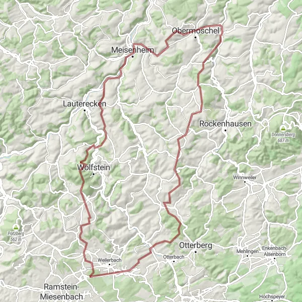 Map miniature of "Alsenz Gravel Adventure" cycling inspiration in Rheinhessen-Pfalz, Germany. Generated by Tarmacs.app cycling route planner