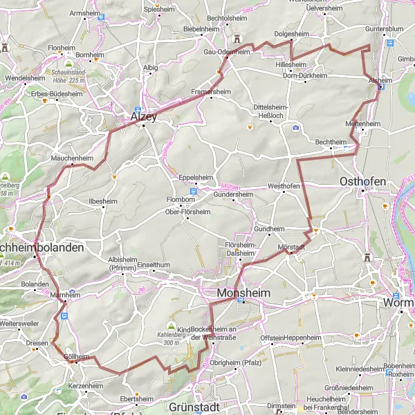 Map miniature of "Gravel Adventure Through Rheinhessen-Pfalz" cycling inspiration in Rheinhessen-Pfalz, Germany. Generated by Tarmacs.app cycling route planner
