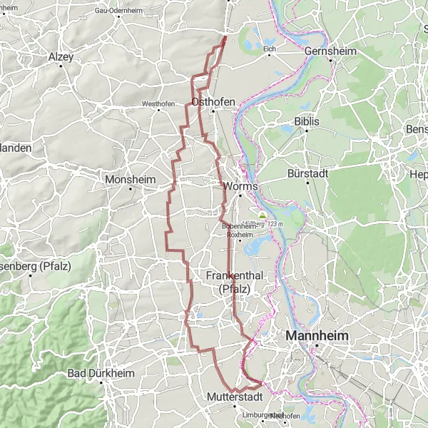 Map miniature of "Discover Rheinhessen-Pfalz Gravel Route" cycling inspiration in Rheinhessen-Pfalz, Germany. Generated by Tarmacs.app cycling route planner