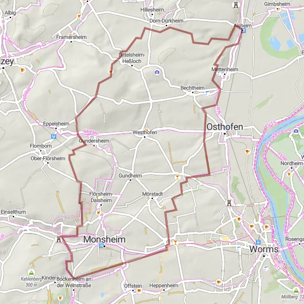 Map miniature of "Alsheim Countryside Gravel Ride" cycling inspiration in Rheinhessen-Pfalz, Germany. Generated by Tarmacs.app cycling route planner