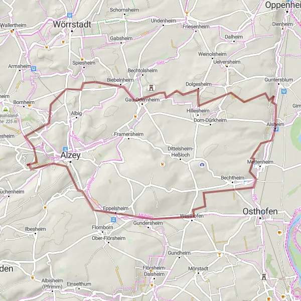 Karten-Miniaturansicht der Radinspiration "Gravel-Tour durch die rheinhessische Weinregion" in Rheinhessen-Pfalz, Germany. Erstellt vom Tarmacs.app-Routenplaner für Radtouren