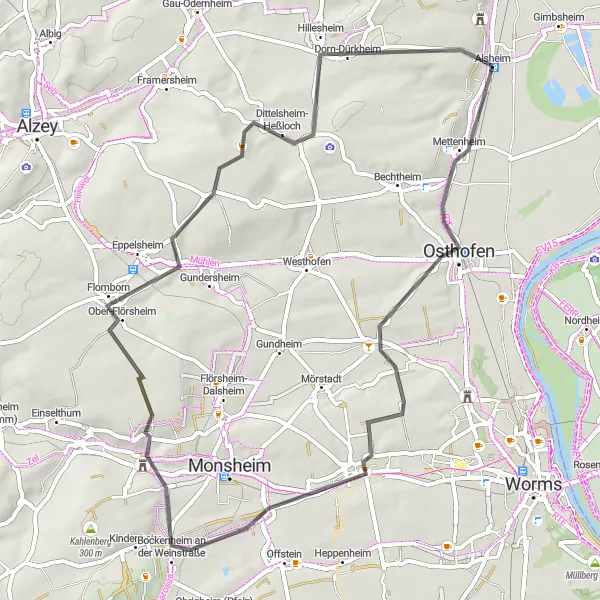 Map miniature of "Alsheim Loop" cycling inspiration in Rheinhessen-Pfalz, Germany. Generated by Tarmacs.app cycling route planner