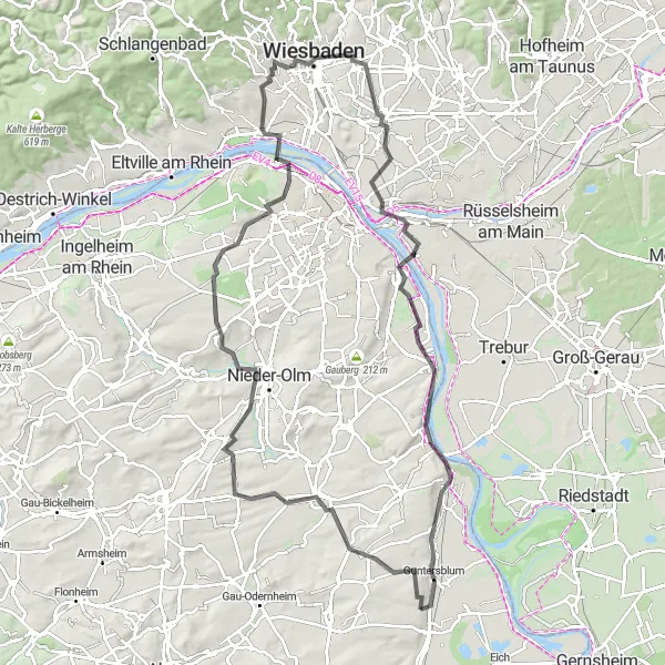 Map miniature of "Alzey to Oppenheim Road Cycling Route" cycling inspiration in Rheinhessen-Pfalz, Germany. Generated by Tarmacs.app cycling route planner