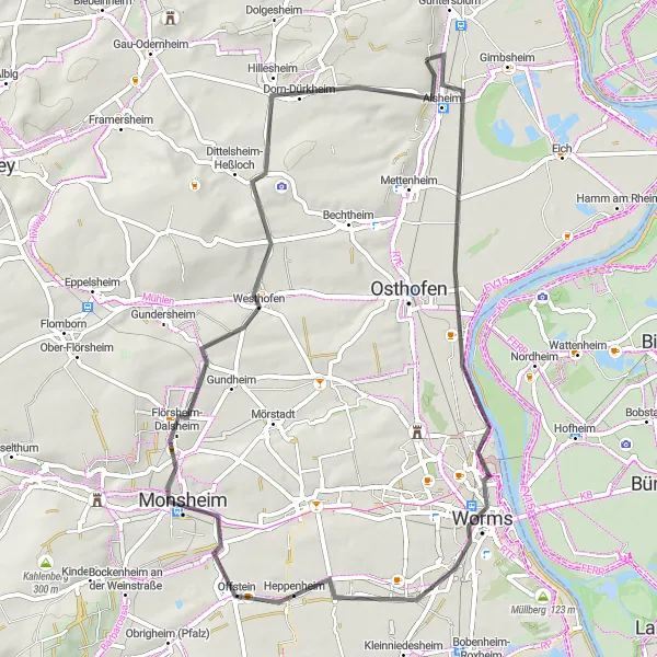 Map miniature of "Scenic Road Ride near Alsheim" cycling inspiration in Rheinhessen-Pfalz, Germany. Generated by Tarmacs.app cycling route planner