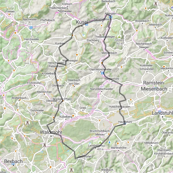 Karten-Miniaturansicht der Radinspiration "Herausfordernde Tour durch die Hügel" in Rheinhessen-Pfalz, Germany. Erstellt vom Tarmacs.app-Routenplaner für Radtouren