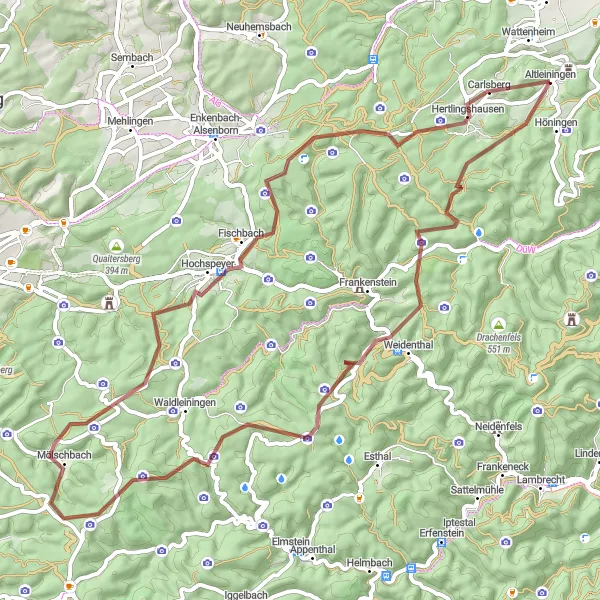 Map miniature of "Rheinhessen-Pfalz Gravel Thrill" cycling inspiration in Rheinhessen-Pfalz, Germany. Generated by Tarmacs.app cycling route planner