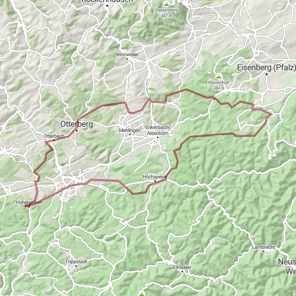 Karten-Miniaturansicht der Radinspiration "Hohe Bühl und Großer Hundskopf Rundtour" in Rheinhessen-Pfalz, Germany. Erstellt vom Tarmacs.app-Routenplaner für Radtouren