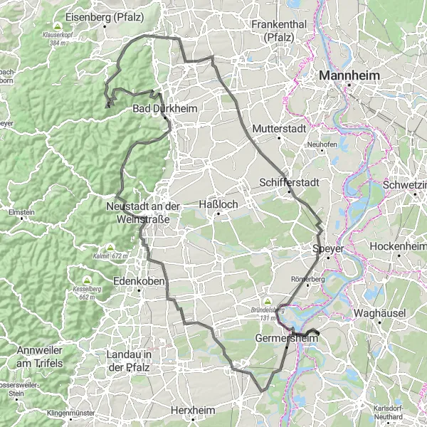 Map miniature of "The Great Loop Tour of Rheinhessen-Pfalz" cycling inspiration in Rheinhessen-Pfalz, Germany. Generated by Tarmacs.app cycling route planner