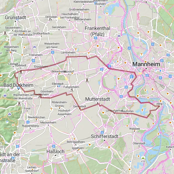 Map miniature of "Scenic Gravel Ride in Rheinhessen-Pfalz" cycling inspiration in Rheinhessen-Pfalz, Germany. Generated by Tarmacs.app cycling route planner