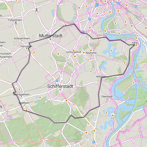 Map miniature of "Waldsee Delight" cycling inspiration in Rheinhessen-Pfalz, Germany. Generated by Tarmacs.app cycling route planner