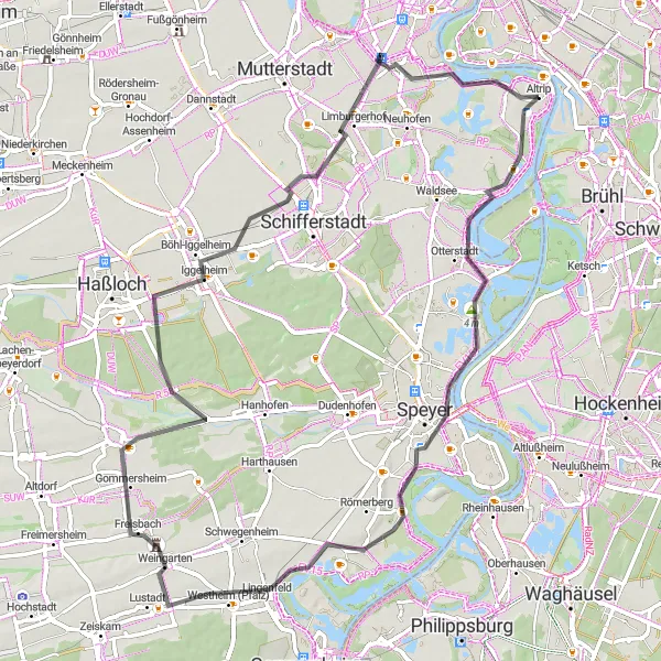 Map miniature of "The Pfalz Almond Blossom Route" cycling inspiration in Rheinhessen-Pfalz, Germany. Generated by Tarmacs.app cycling route planner