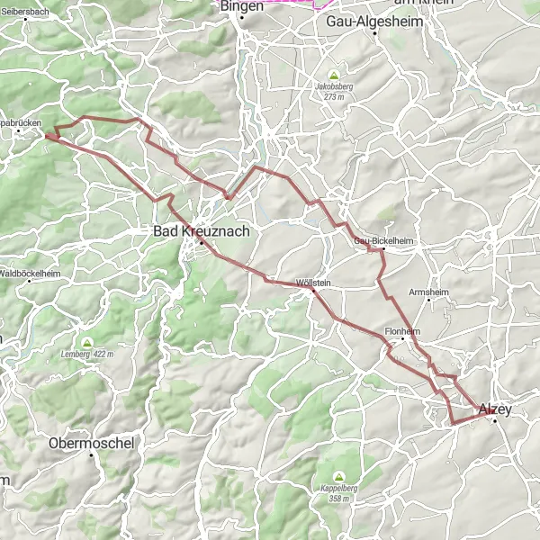 Map miniature of "The Gravel Adventure through Rheinhessen-Pfalz" cycling inspiration in Rheinhessen-Pfalz, Germany. Generated by Tarmacs.app cycling route planner