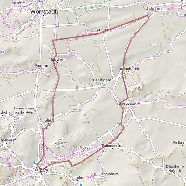 Map miniature of "Scenic Gravel Loop - Alzey to Albig" cycling inspiration in Rheinhessen-Pfalz, Germany. Generated by Tarmacs.app cycling route planner