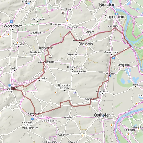 Map miniature of "Gravel Adventure - Alzey to Eppelsheim" cycling inspiration in Rheinhessen-Pfalz, Germany. Generated by Tarmacs.app cycling route planner