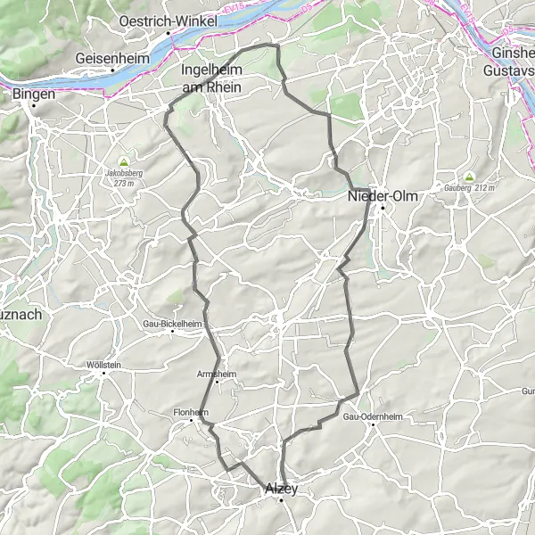 Map miniature of "Rheinhessen Scenic Road Trip" cycling inspiration in Rheinhessen-Pfalz, Germany. Generated by Tarmacs.app cycling route planner