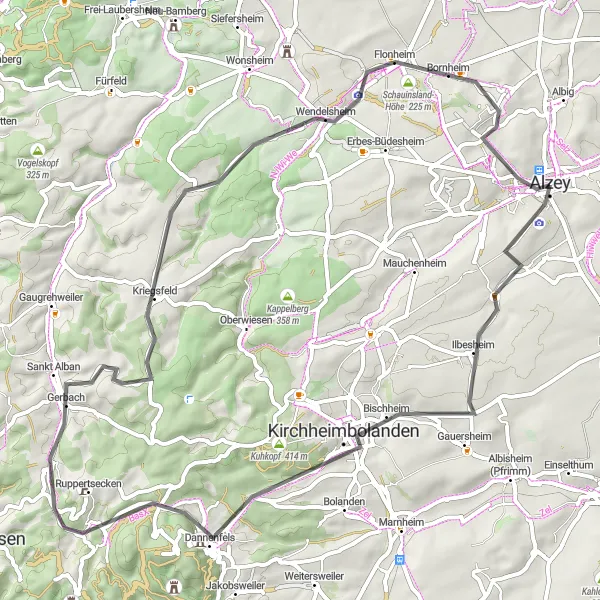 Map miniature of "Challenging Road Ride - Alzey to Mörsfeld" cycling inspiration in Rheinhessen-Pfalz, Germany. Generated by Tarmacs.app cycling route planner