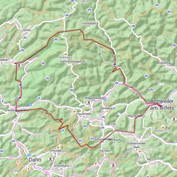 Map miniature of "Enjoy Gravel Ride Through Palatinate Forest from Annweiler am Trifels" cycling inspiration in Rheinhessen-Pfalz, Germany. Generated by Tarmacs.app cycling route planner