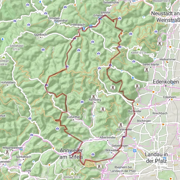 Karten-Miniaturansicht der Radinspiration "Gravelbike-Herausforderung über Berg und Tal" in Rheinhessen-Pfalz, Germany. Erstellt vom Tarmacs.app-Routenplaner für Radtouren