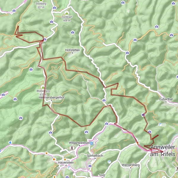 Karten-Miniaturansicht der Radinspiration "Gravel-Tour durch die malerische Landschaft um Annweiler am Trifels" in Rheinhessen-Pfalz, Germany. Erstellt vom Tarmacs.app-Routenplaner für Radtouren