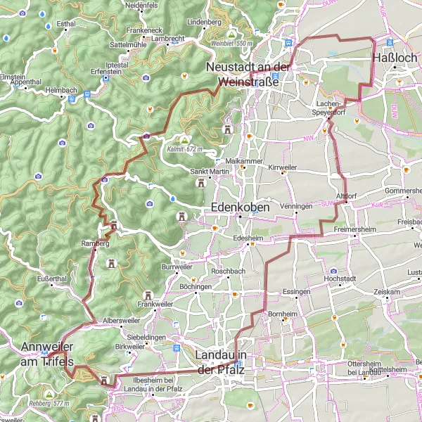 Karten-Miniaturansicht der Radinspiration "Gravel-Tour entlang der Weinstraße und durch die Natur der Pfalz" in Rheinhessen-Pfalz, Germany. Erstellt vom Tarmacs.app-Routenplaner für Radtouren