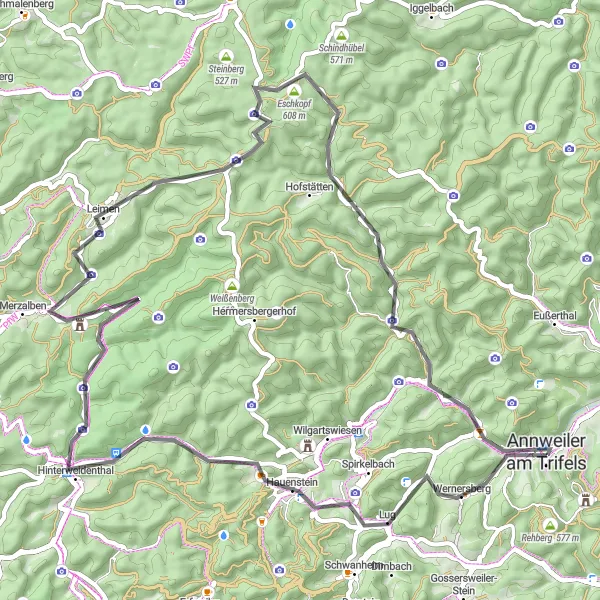 Karten-Miniaturansicht der Radinspiration "Rundtour von Annweiler am Trifels" in Rheinhessen-Pfalz, Germany. Erstellt vom Tarmacs.app-Routenplaner für Radtouren