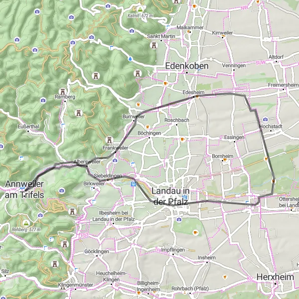 Map miniature of "Annweiler am Trifels to Ringelsberg Cycling Route" cycling inspiration in Rheinhessen-Pfalz, Germany. Generated by Tarmacs.app cycling route planner