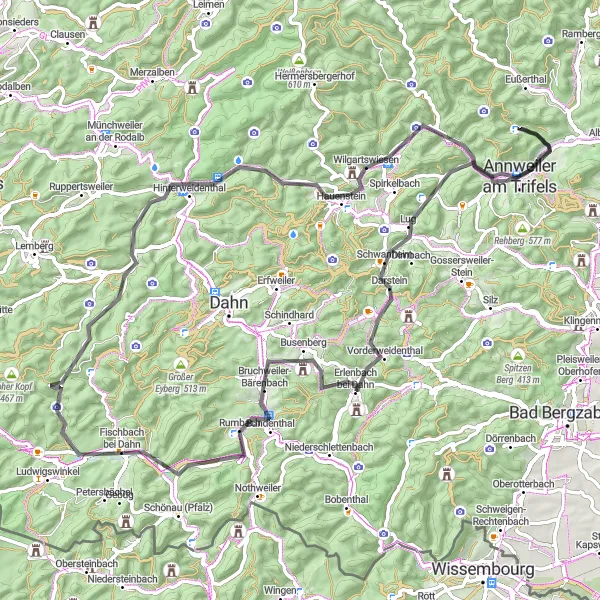 Karten-Miniaturansicht der Radinspiration "Road-Tour entlang der malerischen Dörfer der Rheinhessen-Pfalz Region" in Rheinhessen-Pfalz, Germany. Erstellt vom Tarmacs.app-Routenplaner für Radtouren