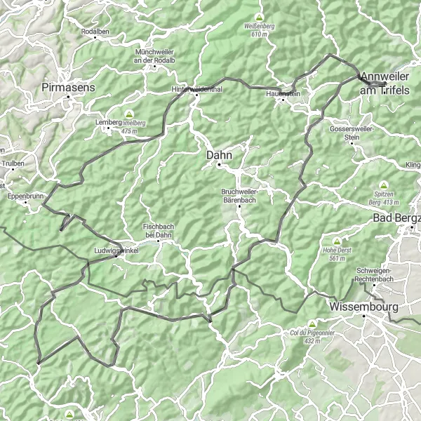 Karten-Miniaturansicht der Radinspiration "Road-Tour entlang der Höhenzüge und Täler der Pfalz" in Rheinhessen-Pfalz, Germany. Erstellt vom Tarmacs.app-Routenplaner für Radtouren
