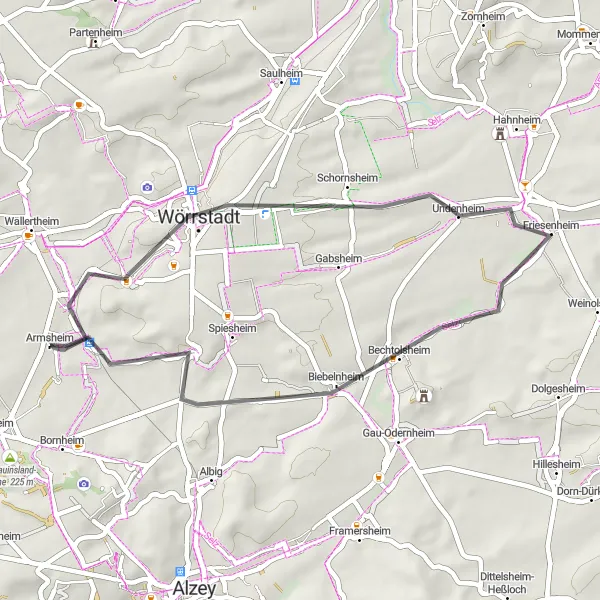 Karten-Miniaturansicht der Radinspiration "Kurze Rundtour von Greifenberg nach Armsheim" in Rheinhessen-Pfalz, Germany. Erstellt vom Tarmacs.app-Routenplaner für Radtouren