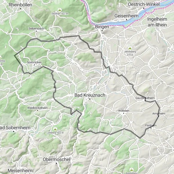 Karten-Miniaturansicht der Radinspiration "Rundtour von Armsheim über Wallhausen und Zimmerberg" in Rheinhessen-Pfalz, Germany. Erstellt vom Tarmacs.app-Routenplaner für Radtouren