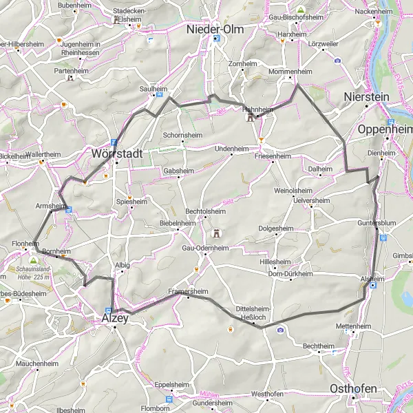 Map miniature of "Wörrstadt Trail" cycling inspiration in Rheinhessen-Pfalz, Germany. Generated by Tarmacs.app cycling route planner