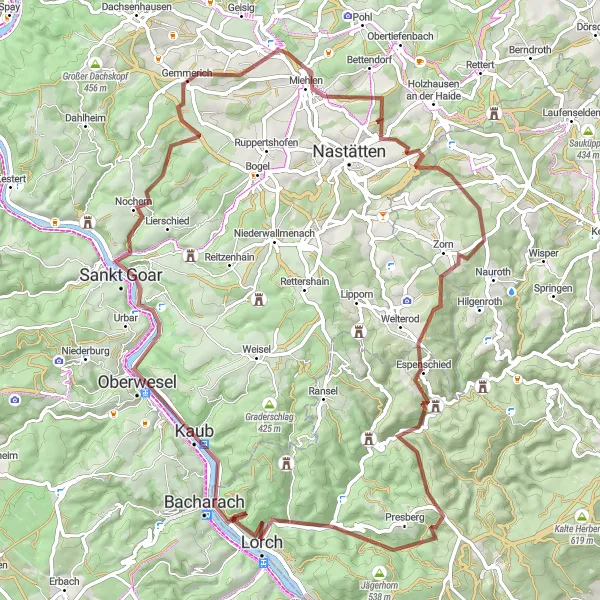 Map miniature of "The Lorelei Challenge" cycling inspiration in Rheinhessen-Pfalz, Germany. Generated by Tarmacs.app cycling route planner
