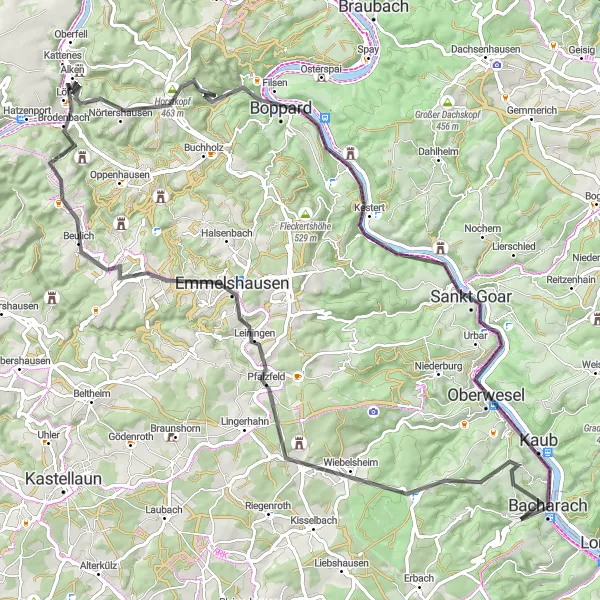 Karten-Miniaturansicht der Radinspiration "Radweg von Bacharach nach Gondershausen und zurück" in Rheinhessen-Pfalz, Germany. Erstellt vom Tarmacs.app-Routenplaner für Radtouren