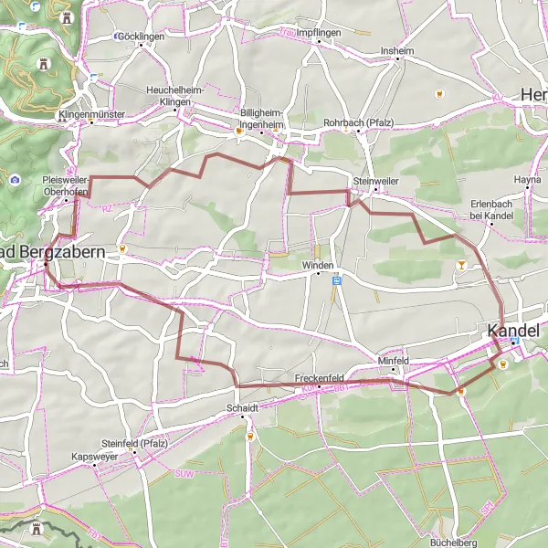 Map miniature of "Gravel Adventure in Rheinhessen-Pfalz" cycling inspiration in Rheinhessen-Pfalz, Germany. Generated by Tarmacs.app cycling route planner