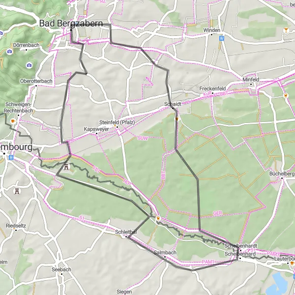 Karten-Miniaturansicht der Radinspiration "Weinberge und Aussichtspunkte" in Rheinhessen-Pfalz, Germany. Erstellt vom Tarmacs.app-Routenplaner für Radtouren