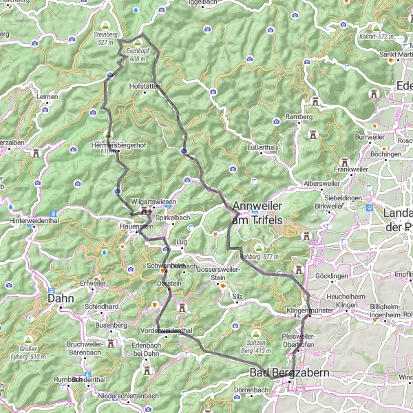 Map miniature of "The Hills of Rheinhessen-Pfalz" cycling inspiration in Rheinhessen-Pfalz, Germany. Generated by Tarmacs.app cycling route planner