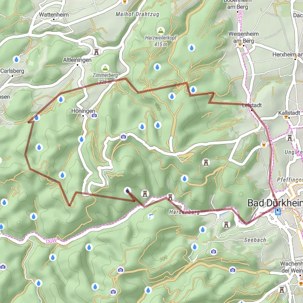 Map miniature of "The Short Gravel Getaway" cycling inspiration in Rheinhessen-Pfalz, Germany. Generated by Tarmacs.app cycling route planner