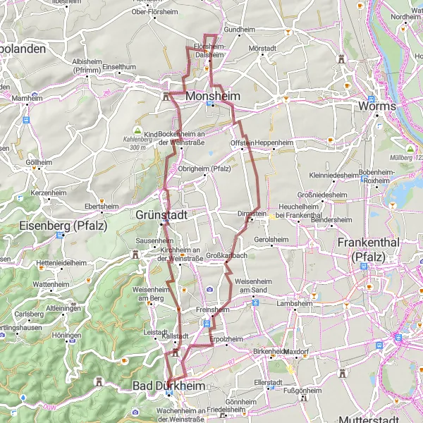 Karten-Miniaturansicht der Radinspiration "Weinberge und Gravelwege" in Rheinhessen-Pfalz, Germany. Erstellt vom Tarmacs.app-Routenplaner für Radtouren