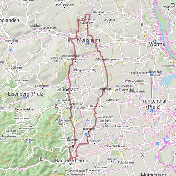 Map miniature of "Off-road Wine Trail" cycling inspiration in Rheinhessen-Pfalz, Germany. Generated by Tarmacs.app cycling route planner