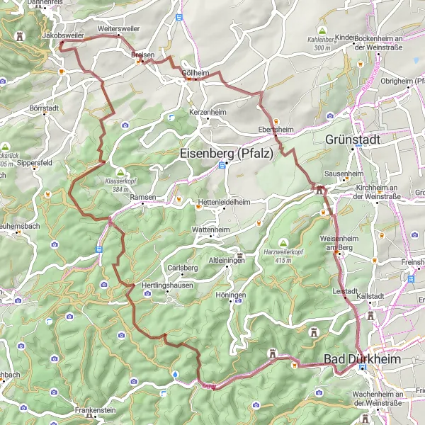 Map miniature of "The Donnersberg Loop" cycling inspiration in Rheinhessen-Pfalz, Germany. Generated by Tarmacs.app cycling route planner