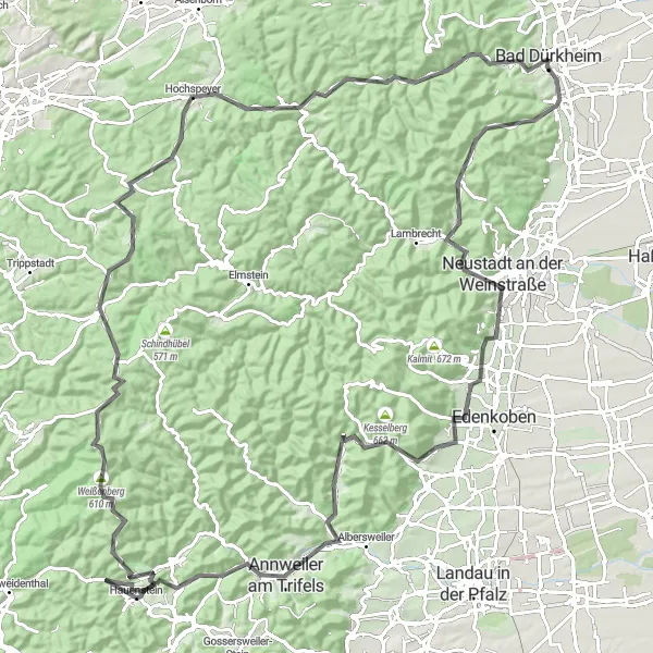 Karten-Miniaturansicht der Radinspiration "Die Weinstraße entlang" in Rheinhessen-Pfalz, Germany. Erstellt vom Tarmacs.app-Routenplaner für Radtouren