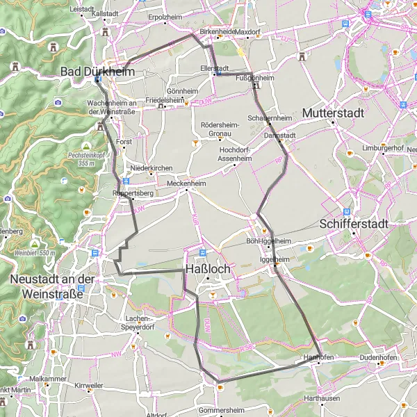Map miniature of "Scenic Countryside Ride" cycling inspiration in Rheinhessen-Pfalz, Germany. Generated by Tarmacs.app cycling route planner