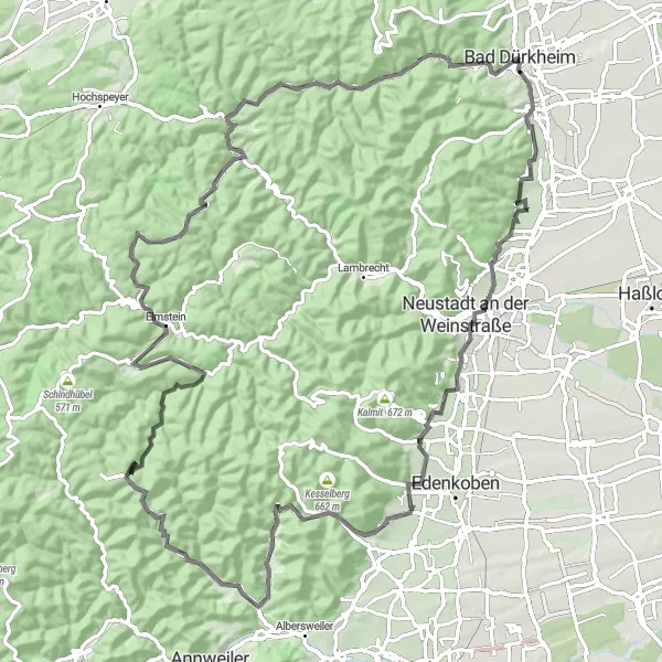 Karten-Miniaturansicht der Radinspiration "Die Weinstraßen-Runde" in Rheinhessen-Pfalz, Germany. Erstellt vom Tarmacs.app-Routenplaner für Radtouren