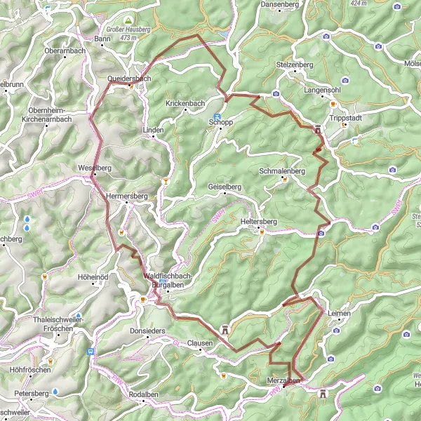 Map miniature of "Gravel Adventure Tour" cycling inspiration in Rheinhessen-Pfalz, Germany. Generated by Tarmacs.app cycling route planner