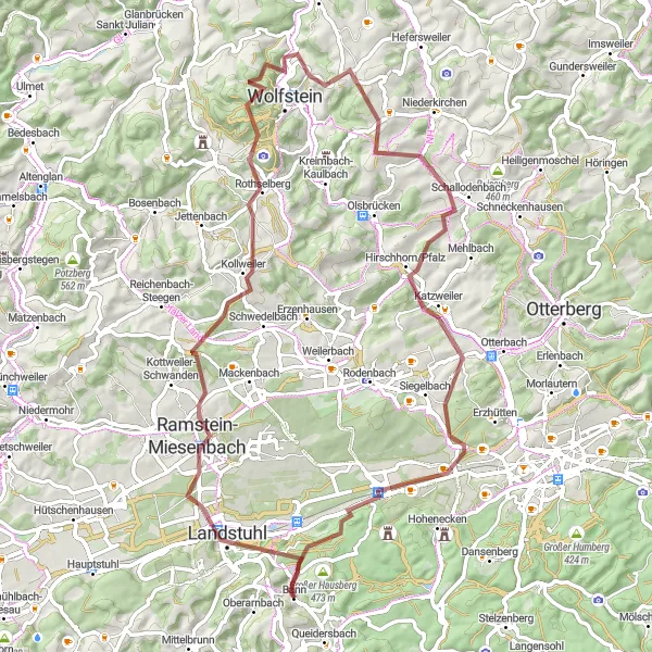 Karten-Miniaturansicht der Radinspiration "Abenteuerliche Gravel-Tour um Landstuhl" in Rheinhessen-Pfalz, Germany. Erstellt vom Tarmacs.app-Routenplaner für Radtouren