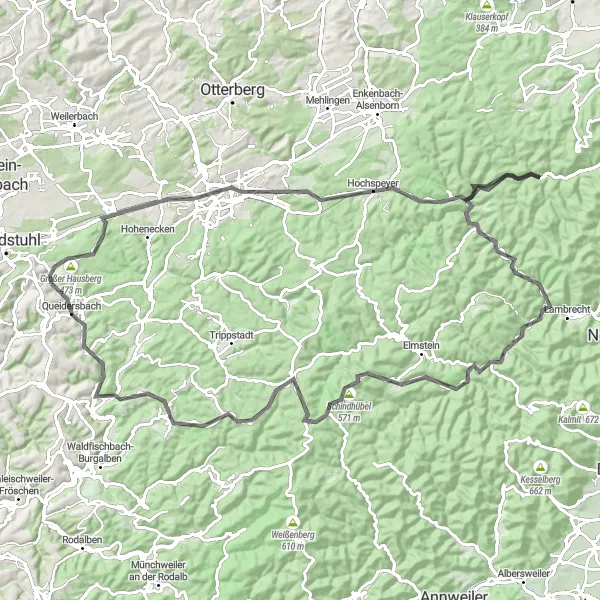 Map miniature of "Hilltops and Valleys Expedition" cycling inspiration in Rheinhessen-Pfalz, Germany. Generated by Tarmacs.app cycling route planner