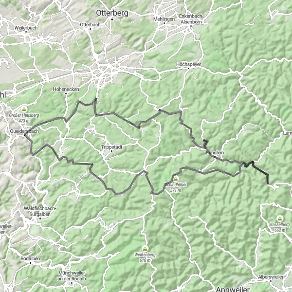 Karten-Miniaturansicht der Radinspiration "Rundweg um Queidersbach" in Rheinhessen-Pfalz, Germany. Erstellt vom Tarmacs.app-Routenplaner für Radtouren