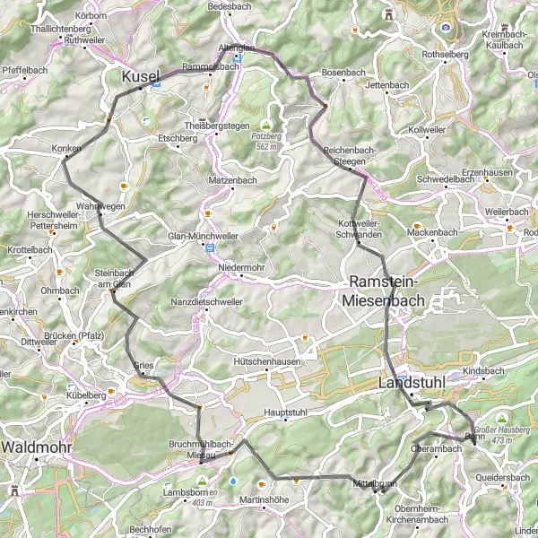 Map miniature of "Forest and Castle Loop" cycling inspiration in Rheinhessen-Pfalz, Germany. Generated by Tarmacs.app cycling route planner