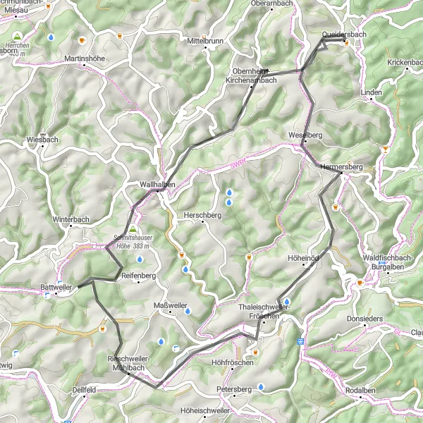 Map miniature of "Exploring Rural Beauty - Road Edition" cycling inspiration in Rheinhessen-Pfalz, Germany. Generated by Tarmacs.app cycling route planner